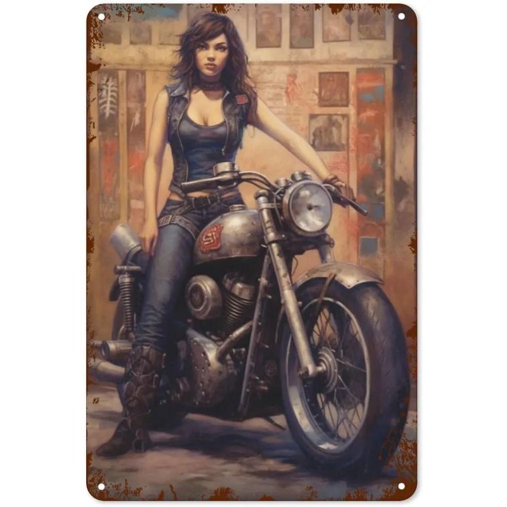 Vintage Motorcycle Girls Metal Tin Sign Garage Bar Decor