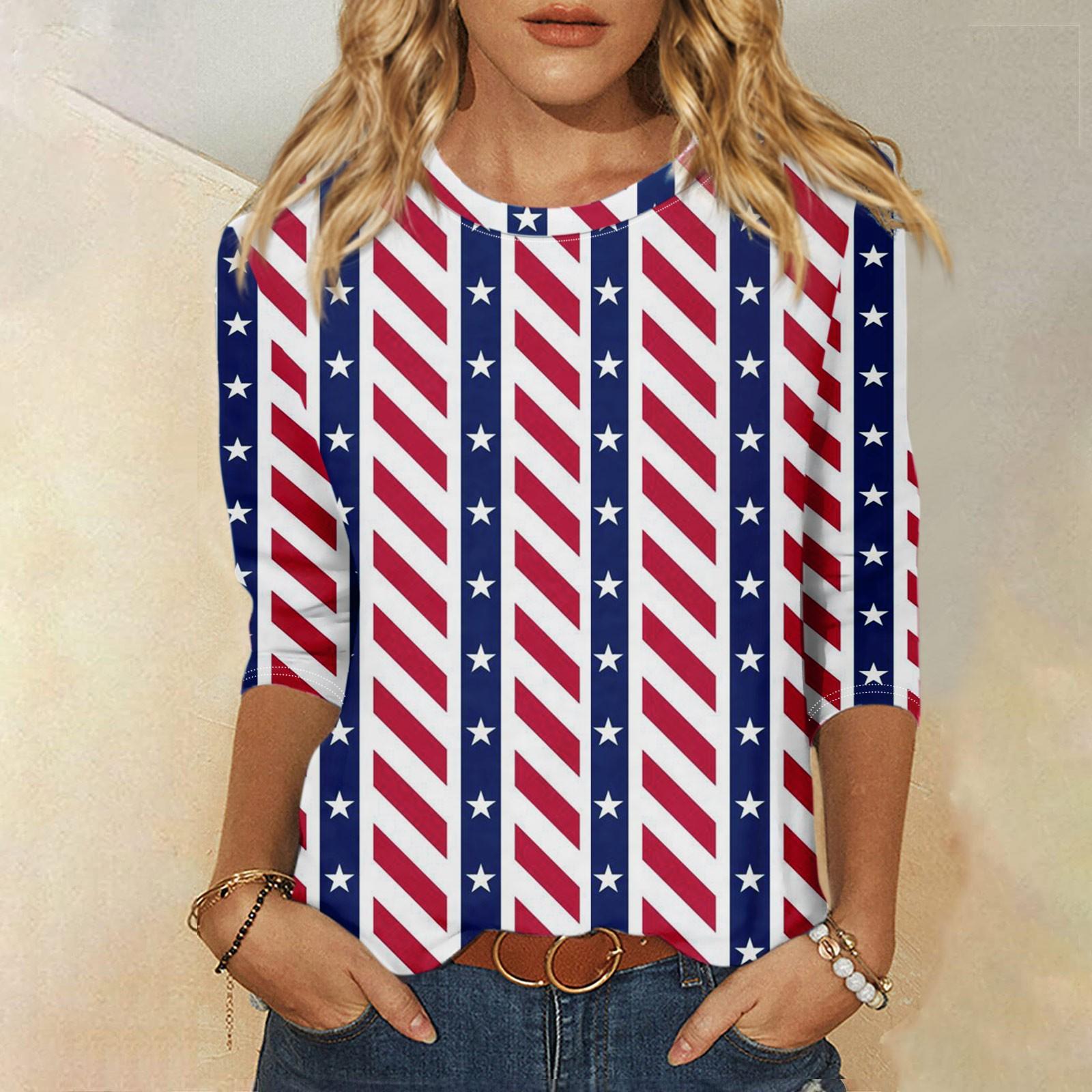 

Женская мода, повседневная свободная футболка с принтом на День независимости и круглым вырезом, рукав 3/4, женский топ XXXL синий