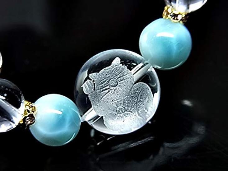 no Beckoning Cat Crystal Larimar Lucky Brings Happiness and Good Natural Stone Power Stone Playful Bracelet 21 C55 [Neko Yume] Charm, Fortune, Women's
