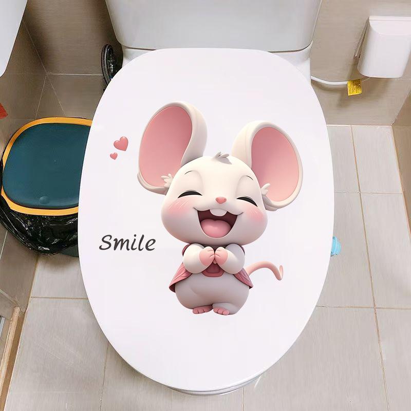 Self-adhesive Cute Cartoon Smiling Mouse Toilet Stickers for Bathroom Toilet Seat and Tank Home Decor