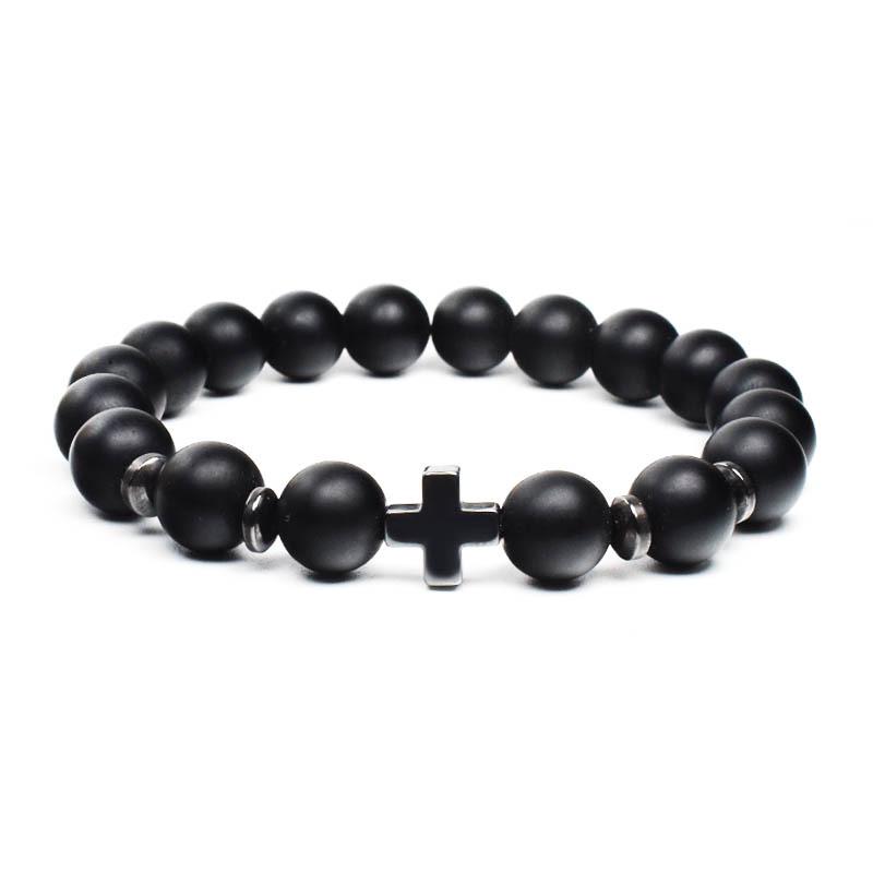 Men s Cross Bracelet with Wood Beads and Frosted Stones - Popular European and American Jewelry