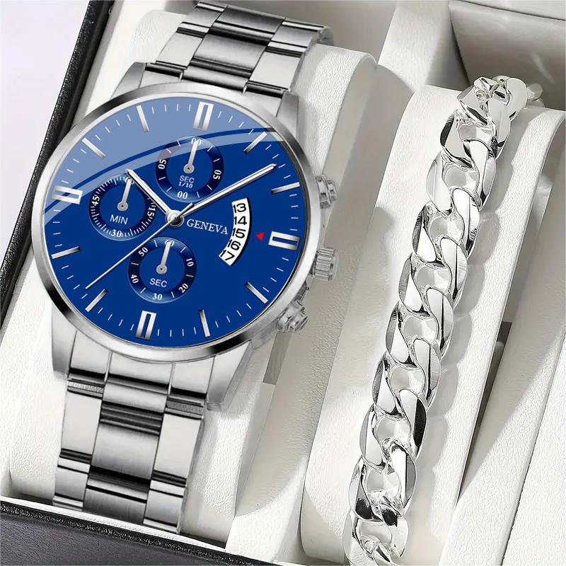 

2 шт./комплект 1 шт. Мужские модные часы, повседневные кварцевые наручные часы из нержавеющей стали с круглым циферблатом и 1 шт. браслет, идеальный выбор для подарков