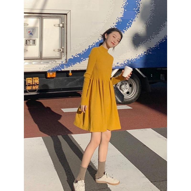 

Winter with coat inside sweater skirt apricot semi-turtleneck bottoming knitted dress women s autumn and winter XL