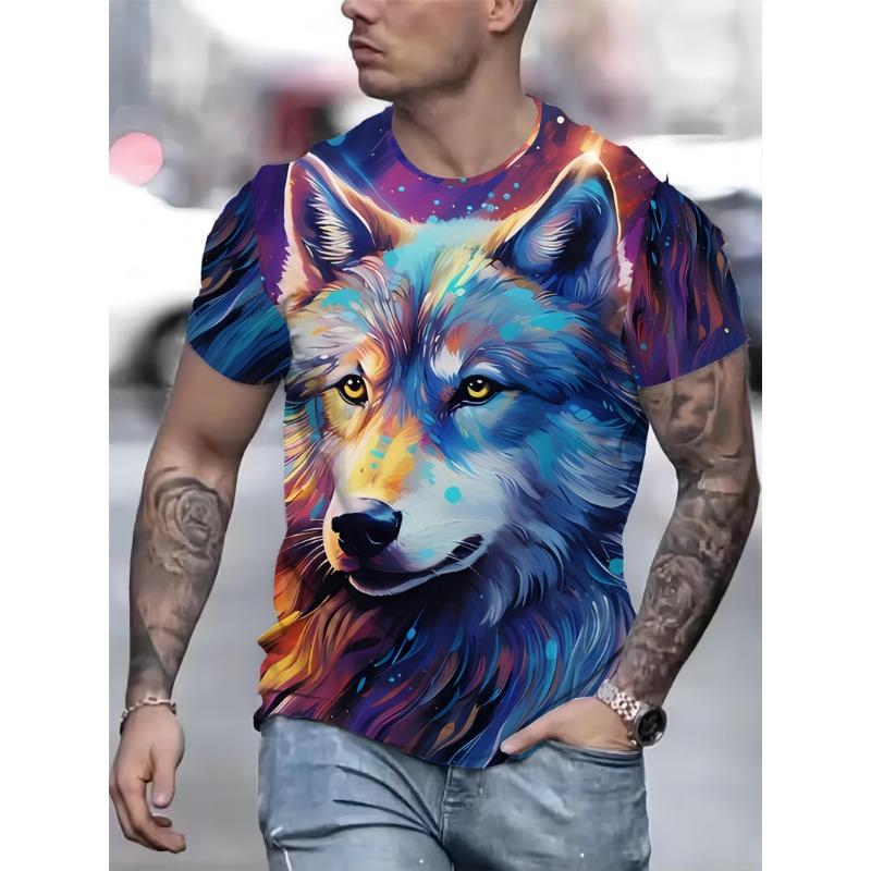 Men's Colorful Wolf 3D Printed T-Shirt Casual Short Sleeve Crewneck Top Cool Watercolor Wild Animal Graphic Tee Trendy Summer Streetwear Clothes