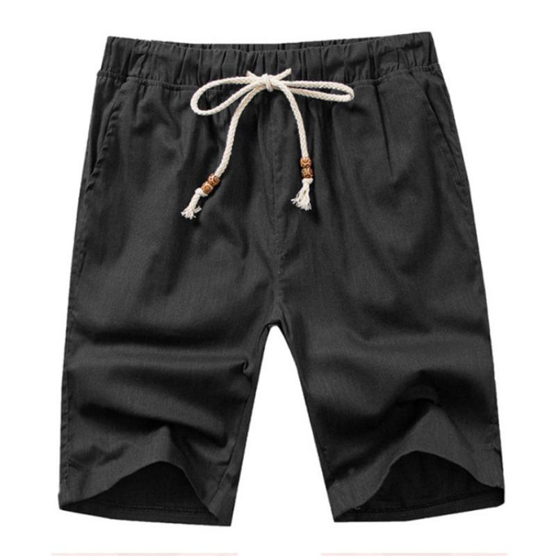 Herren Leinen Baumwolle Kordelzug Taille Gerade Beine Freizeitshorts