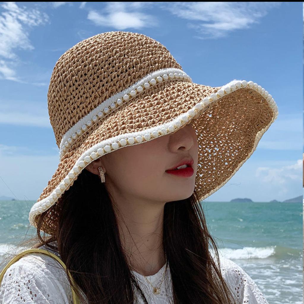 Hat women's woven pearl straw hat summer thin sunshade sun protection seaside beach show face little fisherman sun hat cool