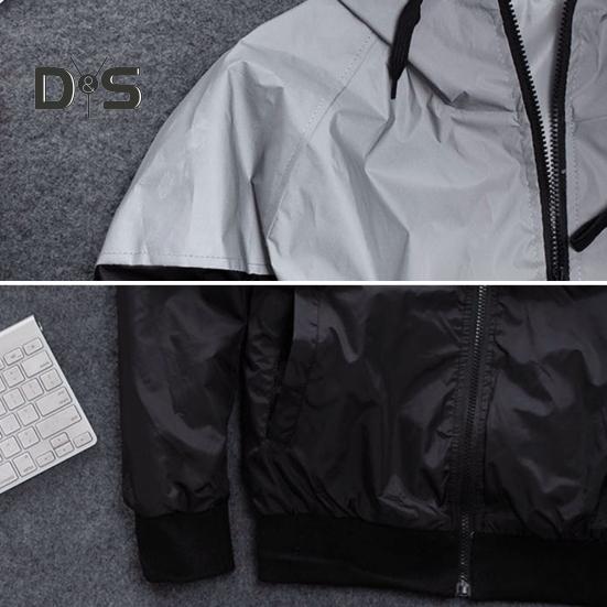 Men Autumn Windbreaker Hooded Drawstring Long Sleeve Reflective Color-Blocked Jacket Coat Zipper Placket Pockets Street Style Outwear