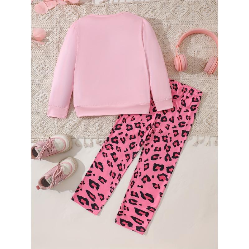 Girl's Autumn and Winter Cute Bunny Bear Printed Long Sleeved Shirt+leopard Print Pants Two-piece Set, a Gift for Children, Perfect for Outdoor