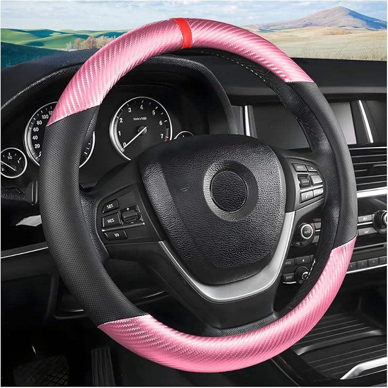 Car Steering Wheel Cover, 15 Inch Anti-Slip Steering Wheel Protector, Carbon Fiber & Microfiber PU Leather Steering Wheel Cover For Women And Men,