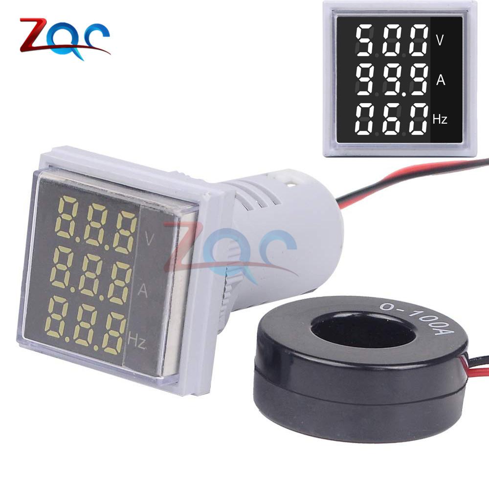 3 In 1 AC 60~500V Digital Voltmeter Ammeter Hz Hertz Frequency Meter Current Voltage Indicator Tester Amp Signal Light LED 22mm