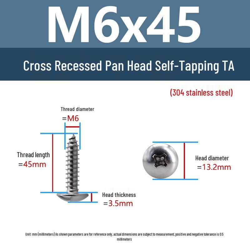 304 Stainless Steel Large Flat Head Self-Tapping Screws, TA Umbrella Head, Pointed Tail, M2-