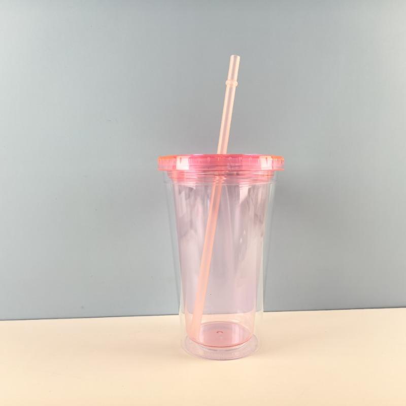 1PC 450ml Plastic Straw Cup Double Layer Transparent Drinking Cup Reusable Cold Cup Plastic Straw Tumbler with Straw and Lid