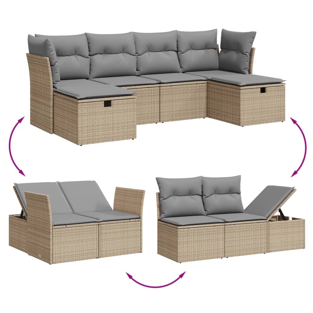 6 Piece Garden Sofa Set with Cushions Beige Poly Rattan