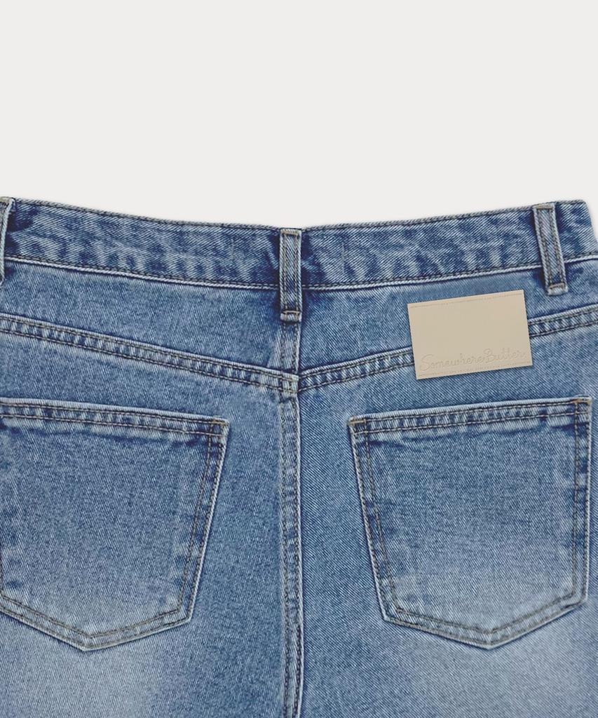 Sseomweeobeoteo Cutting Half Denim Pants - Middle Blue
