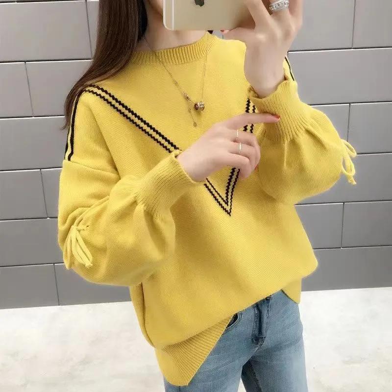 Sweater for Women Autumn Winter Thickened Pullover Round Neck Knitted Round Neck Stretchy Long Sleeve Bottoming Shirt Oversize Jumper Tops