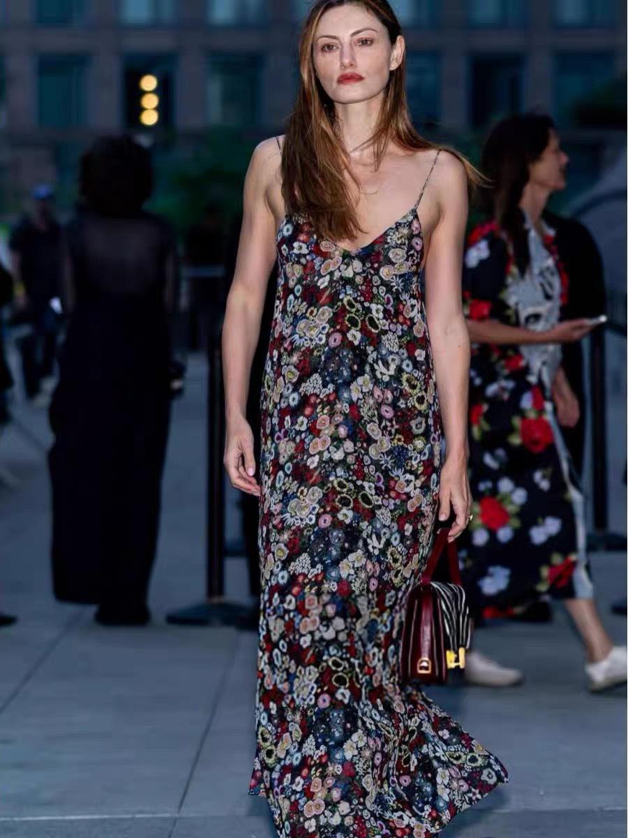 Silk Floral Print Spaghetti Strap Maxi Dress Medium