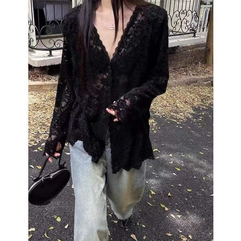 Women's Summer Lace Long Sleeve Sunscreen Shirt - Loose, Floral, Micro-Transparent, Airy and Stylish.