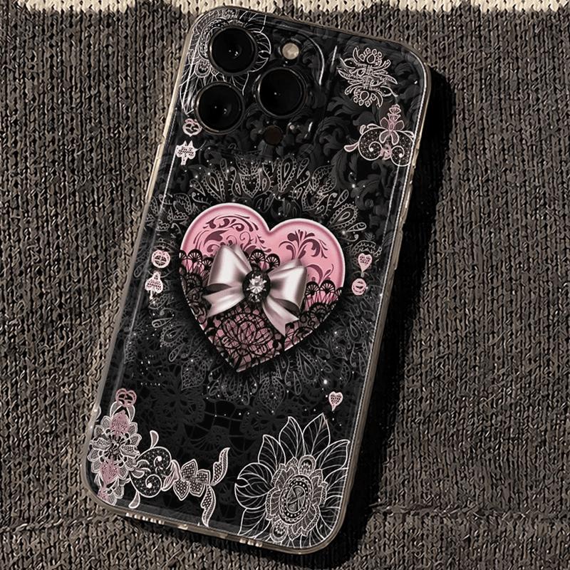 

Gothic Lace Pink Heart Bow Pattern Phone Case for iPhone 17 16 15 14 13 12 11 16E Series Pro Max Plus Double Layer Protection iphone 11 ProMax