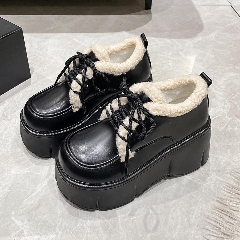 Fashion Women Warm Fur Snow Boots Winter Soft Leather Motorcycle Short Boots High Platform 9CM Ladies Chunky Plush Sneakers Botas Mujer