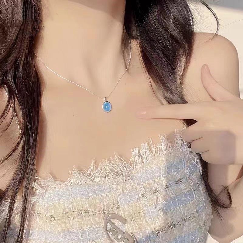 High-End S925 Sterling Silver Natural Aquamarine Oval Pendant Necklace for Women