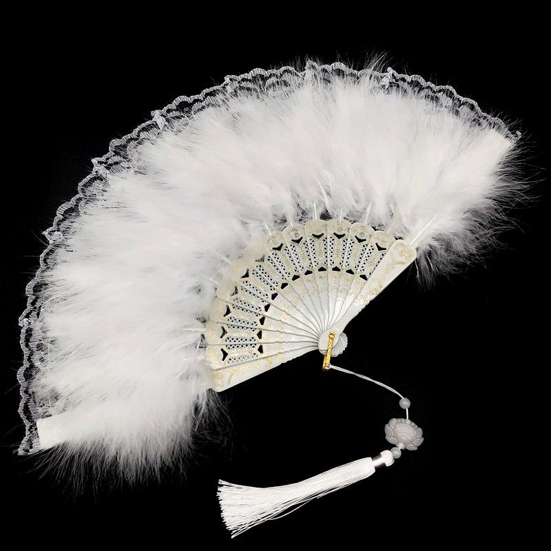 Lace Fan Folding Retro Feather Fan Elegant Decor For Dance Cheongsam Stage Show Party Lady Home Ornament
