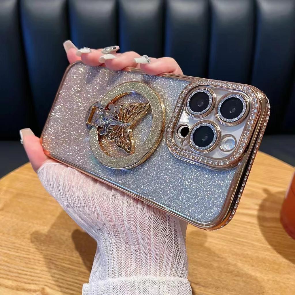 Suitable for IPhone17 Water Diamond Glitter Butterfly Stand Phone Case Magnetic Anti Drop Protective Case for IPhone 16pro I15