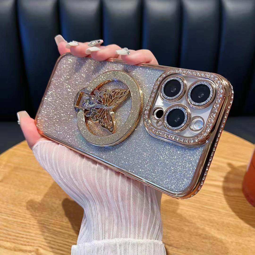 

Suitable for IPhone17 Water Diamond Glitter Butterfly Stand Phone Case Magnetic Anti Drop Protective Case for IPhone 16pro I15 iPhone16E