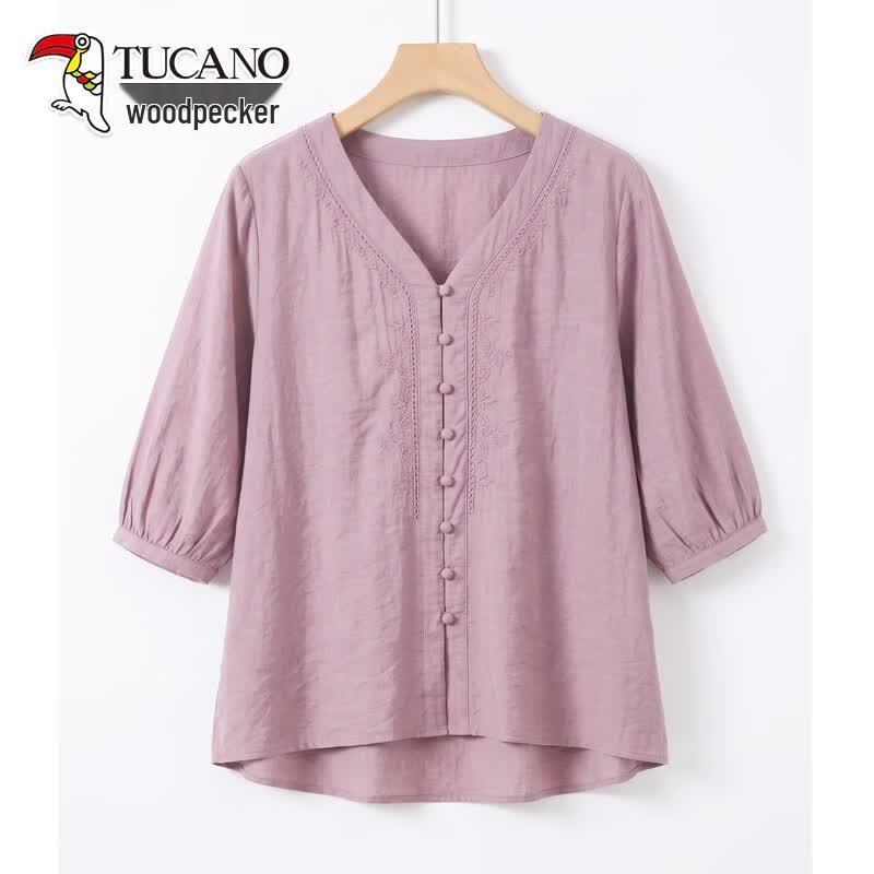TUCANO Women s Retro Embroidered V-Neck 3/4 Sleeve Blouse XL светло-фиолетовый