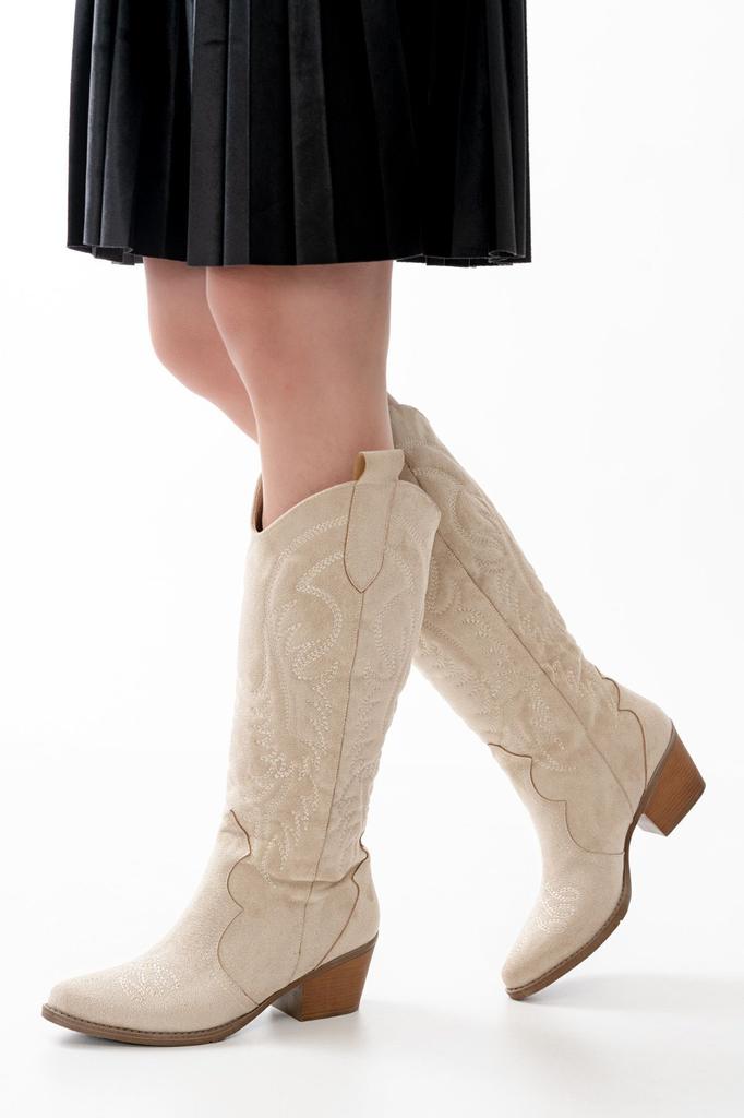 Women Modern Stylish Fashion Boots Boots Faux Leather Suede Khaki Suede Embroidered Cowboy Long Boots