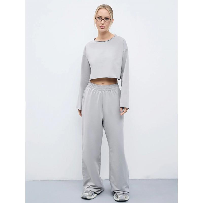 Womens Casual 2-Piece Set Long Sleeve Round Neck T-Shirt Elastic Wide Leg Pants Pure Color Streetwear