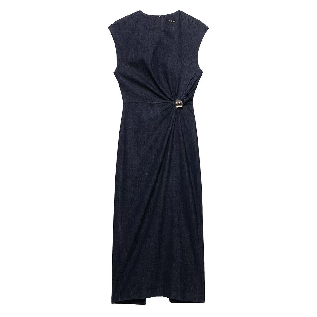 TAOP&ZA Elegant Round Neck Sleeveless Denim Dress with Waist Tie - Women's Spring/Summer Fashion