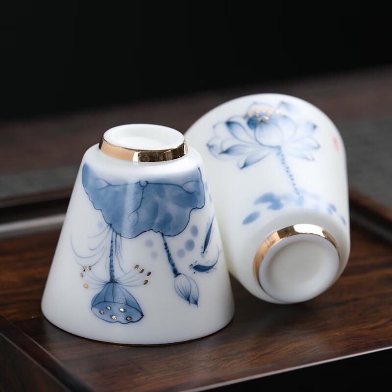 MULTIPOTENT Mutton-Fat Jade Style Green Lotus Hand-Painted Tea Cups (Set of 2)