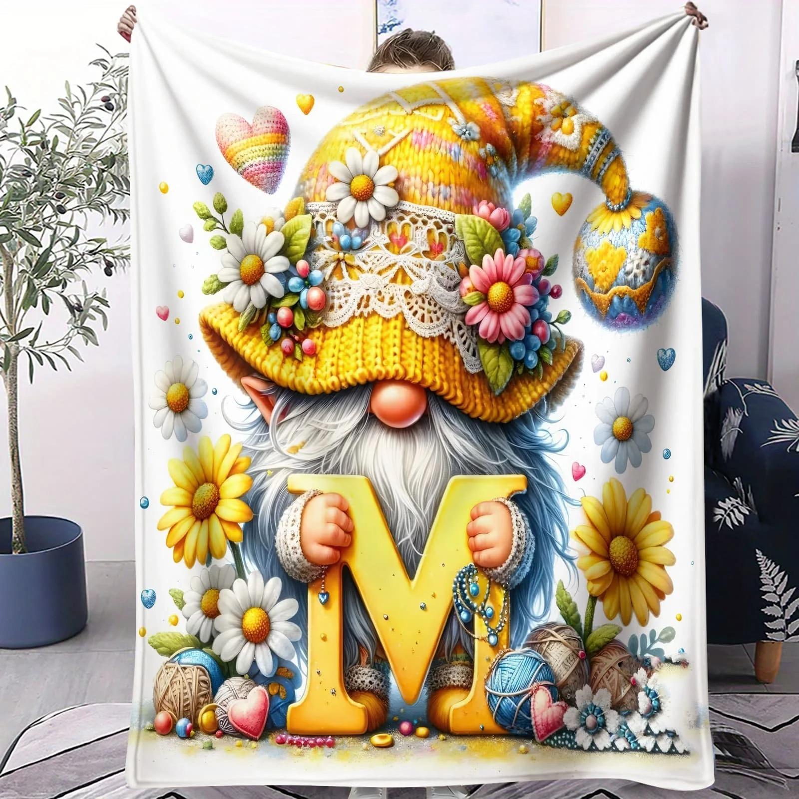 Fantasy Gnome Flannel Blanket Holiday Heart & Letter Gnomes Bedroom Throw for Camping Kids  Room Decor Couples Family Friends 70x100cm