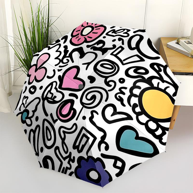 1pc Doodle Patterns Automatic Open/close Umbrella, 8-Rib Sturdy Structure, Portable Travel Umbrella, Parties, Everyday Use,32