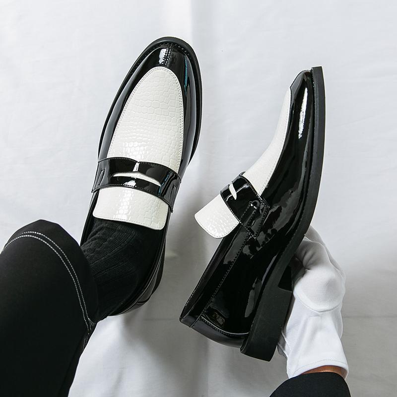 Men Black Loafers Leather Shoes Formal Business Flats Slip on Shoes Wedding Dress Prom Shoes Mosaic Contrast Over Sized
