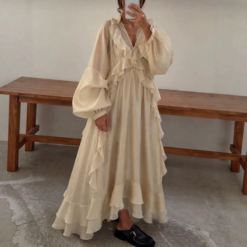Womens 2026 Loose Fit V-Neck Lantern Sleeve Maxi Dress With Ruffle Hem - Solid Color Casual Style