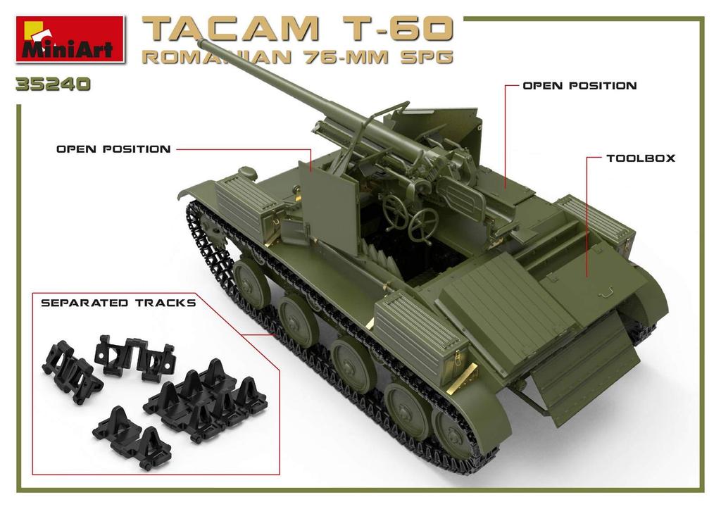 MiniArt Scale Romanian Army 76mm Artillery TACAM Full Interior Plastic Model Kit MA35240 1/35 Self-Propelled T-60
