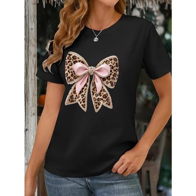 Europäische Größe Damen Strass-Schleife & Leopardenmuster Kurzarm-T-Shirt - Funkelndes Oberteil mit Rundhalsausschnitt, Weiche Bluse für Frühling Sommer Herbst Partys