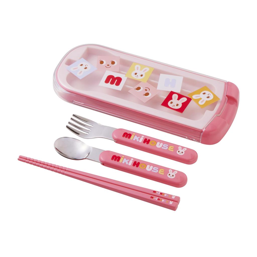 MIKIHOUSE Puzzle Blocks Trio Set Chopsticks Spoon Fork Bear Rabbit Pink Sliding Case BPA Free Dishwasher Safe Japan Kids Kindergarten Cutlery
