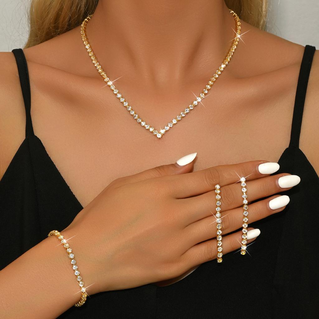 Fashion Rhinestone Full Diamond Necklace Earrings Bracelet Set Full Diamond Claw Chain Rhinestone Three-Piece Set