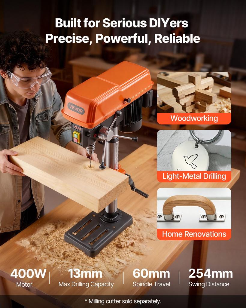 VEVOR 254 mm Benchtop Drill Press, 400W, Bench Drill Press, 440 to 2600 RPM Variable Speed, 0-45 degrees Tilting Worktable