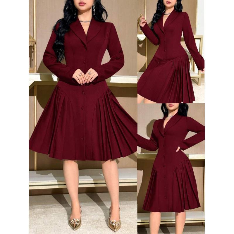 European products new lapel waist thin pleated design sense elegant temperament party dress women S бордовый