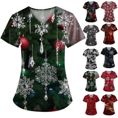 Damen Modisches T-Shirt mit V-Ausschnitt und kurzen Ärmeln und Tasche, Weihnachtsdruck
