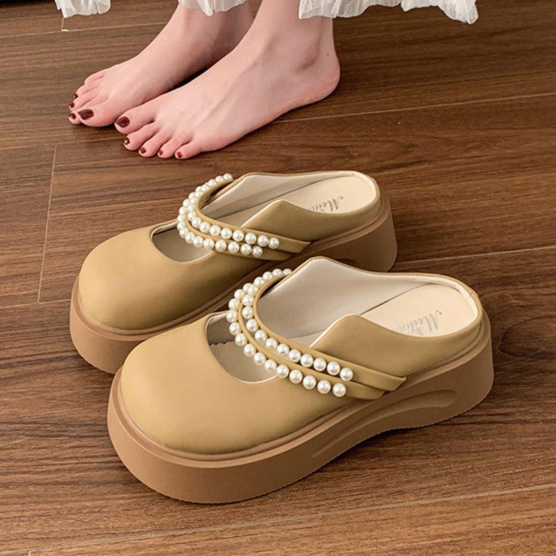 Pärlfranska Mary Jane-skor med tjocksula och en rem, halvtofflor för kvinnor för vår och sommar, ytterkläder 2025 nya coola tofflor