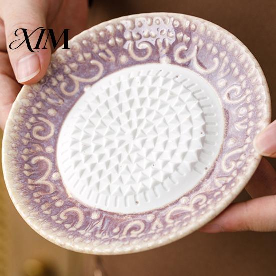 Baby Complementary Food Grinder Ceramic Garlic Grater Plate, Embossed Grinding Dish for Grating Kitchen Vegetable Puree Maker Wasabi Ginger