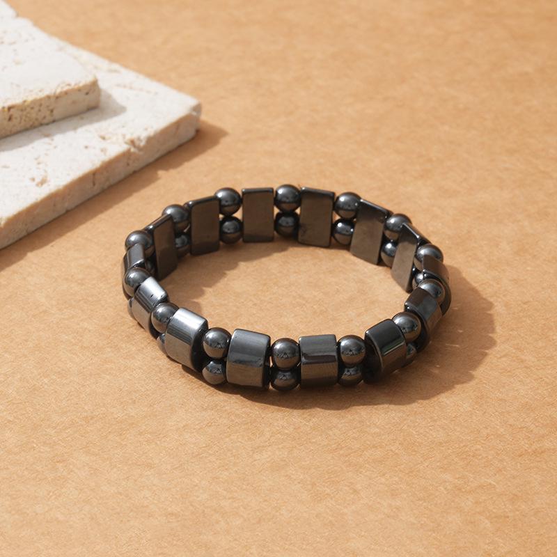 Double-Row Ethnic Style Black Gallstone & Tiger Stone Half-Moon Bracelet