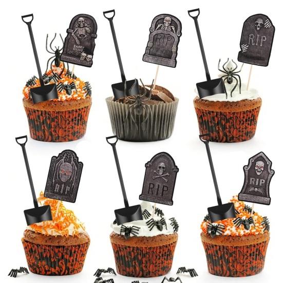 48 Pcs Halloween Cupcake Toppers Tombstones Graveyard Cake Decorations with Mini Shovel Spoons for Halloween Birthday Party Supplies