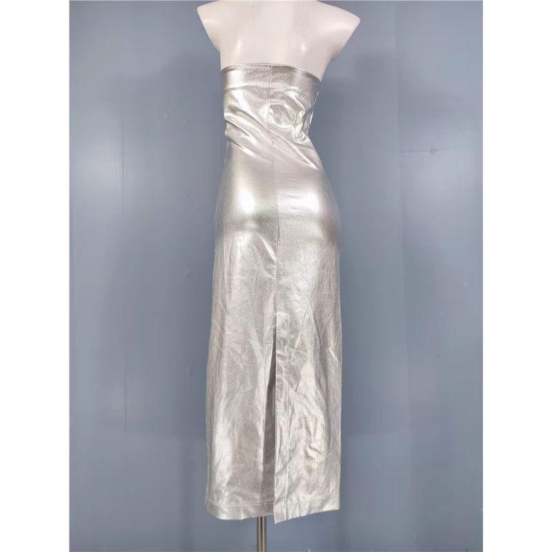 Foreign Trade Order Summer New Sexy Gyaru Tube Top Metal Sense Silver Pleat Senior Women Mid-Length Dress