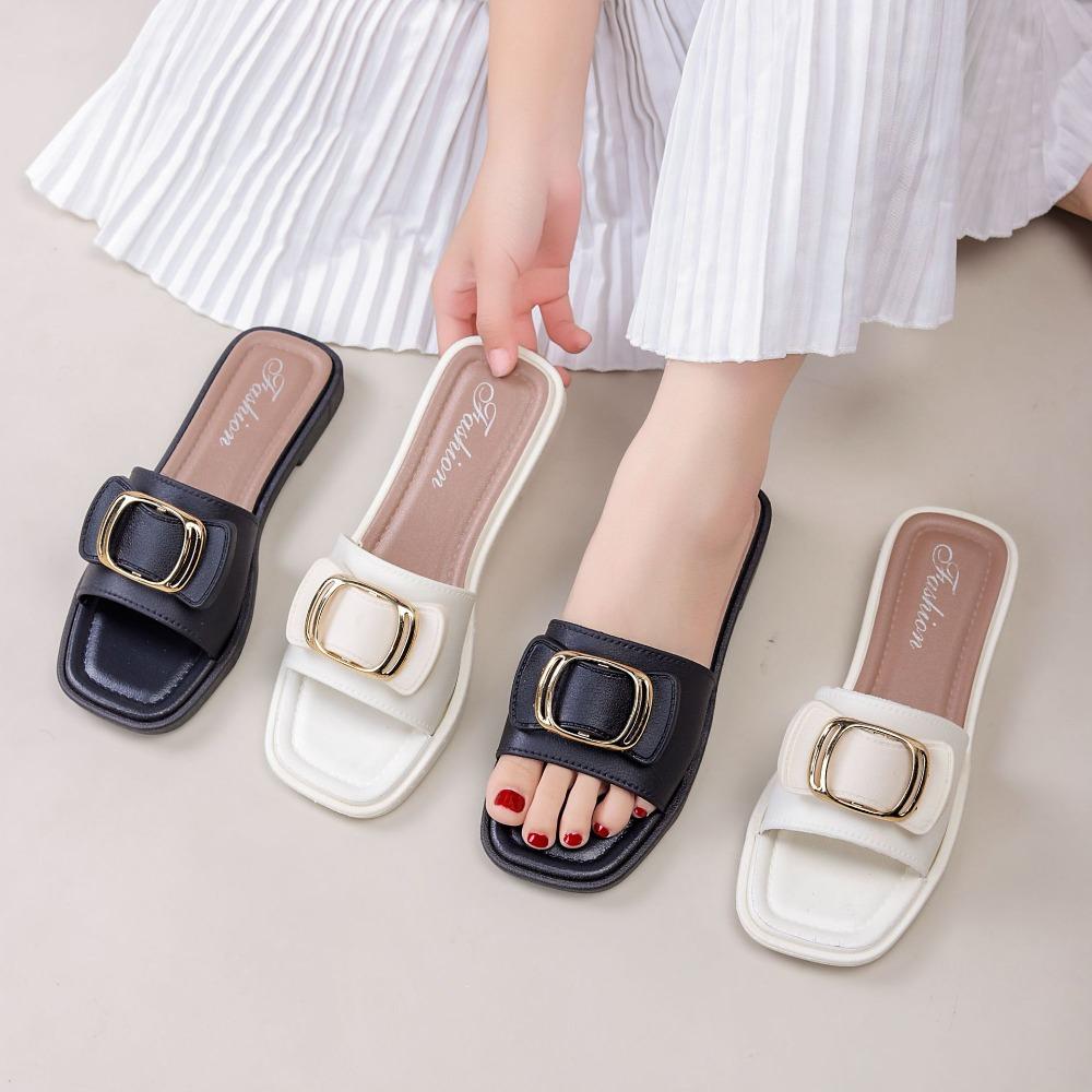 Women's Flat Slippers Outside Summer New Square Buckle Slippers Women Wear Non Slip Fashion Flower Bow Cool Slippers