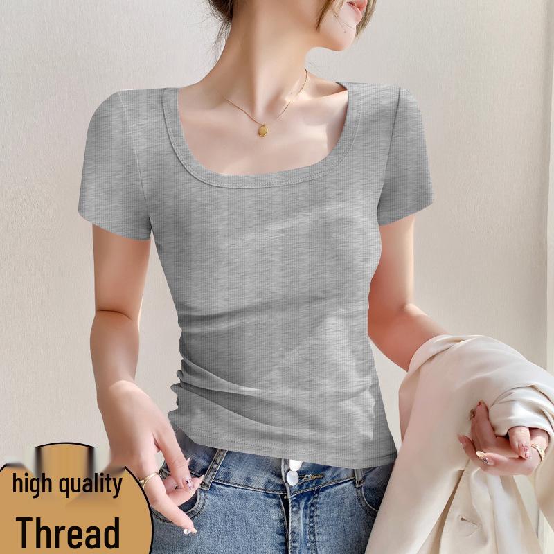 Women's Short-Sleeve Square Neck Ribbed T-Shirt – Minimalist Trendy Style